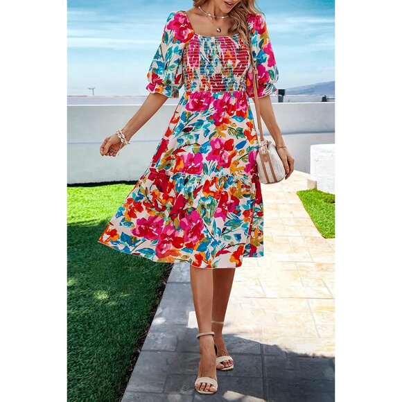 Women's Floral Summer Dress Polyester Puff Sleeve Square Neck Casual Midi - Picture 4 of 6
